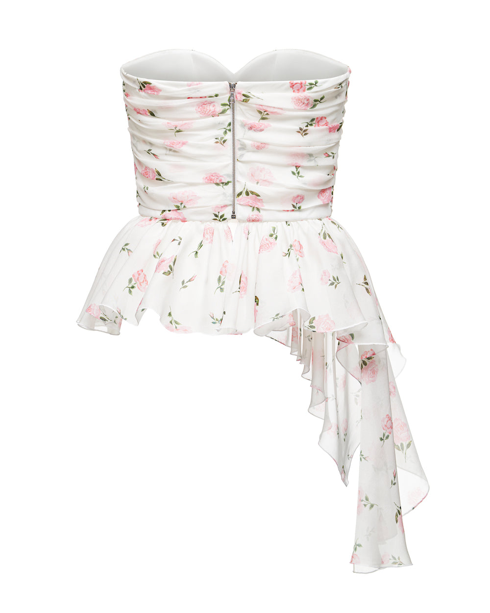 JOAN CORSET TOP WITH ASYMMETRICAL PEPLUM, MILKY WHITE ADORNED WITH MEDIUM PINK FLOWERS