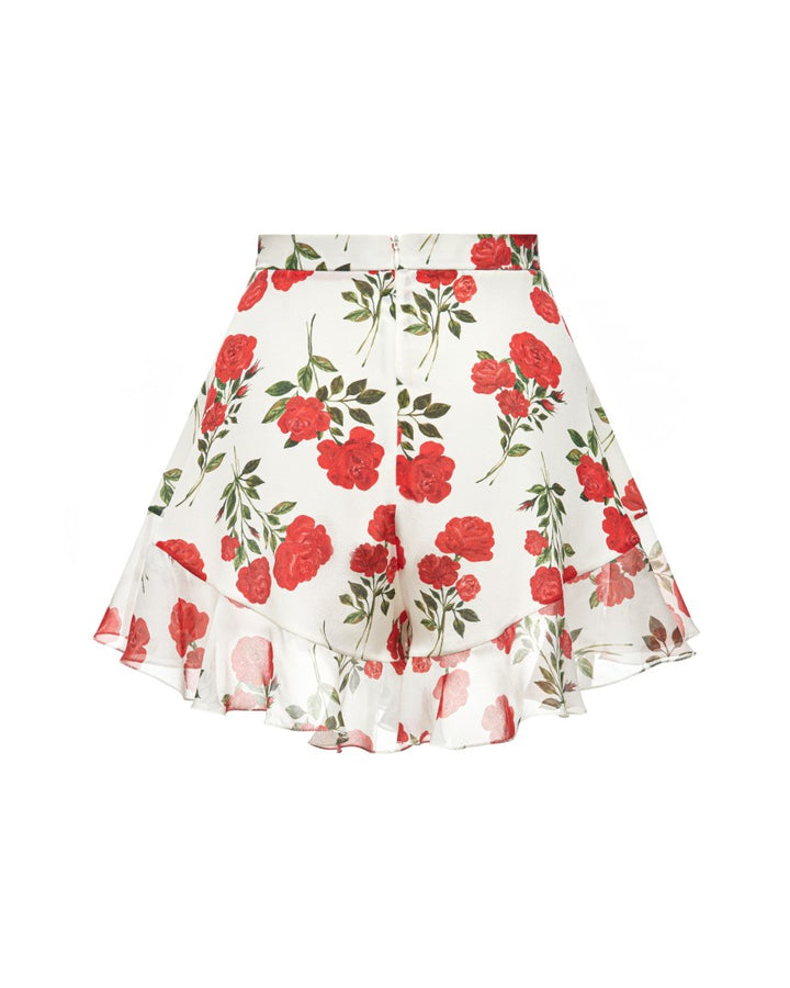 AUDRIE, MINI SHORTS WITH RUFFLES, MILKY WHITE WITH MEDIUM RED FLOWERS