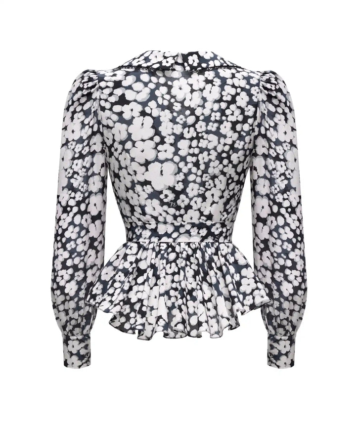 ROSETTA, BLACK CREPE DE CHINE BLOUSE WITH MEDIUM MILKY FLOWERS