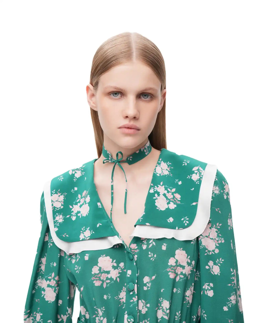Lora, green crepe de chine choker with medium light pink flowers