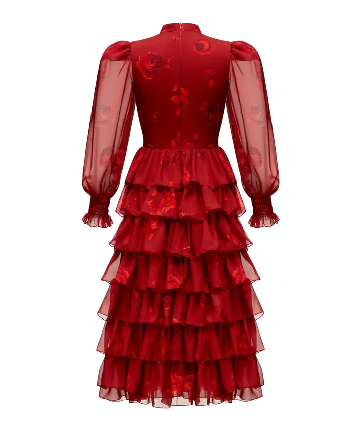 VALERIE MIDI, MIDI DRESS MADE OF BURGUNDY CHIFFON WITH RED FLOWERS