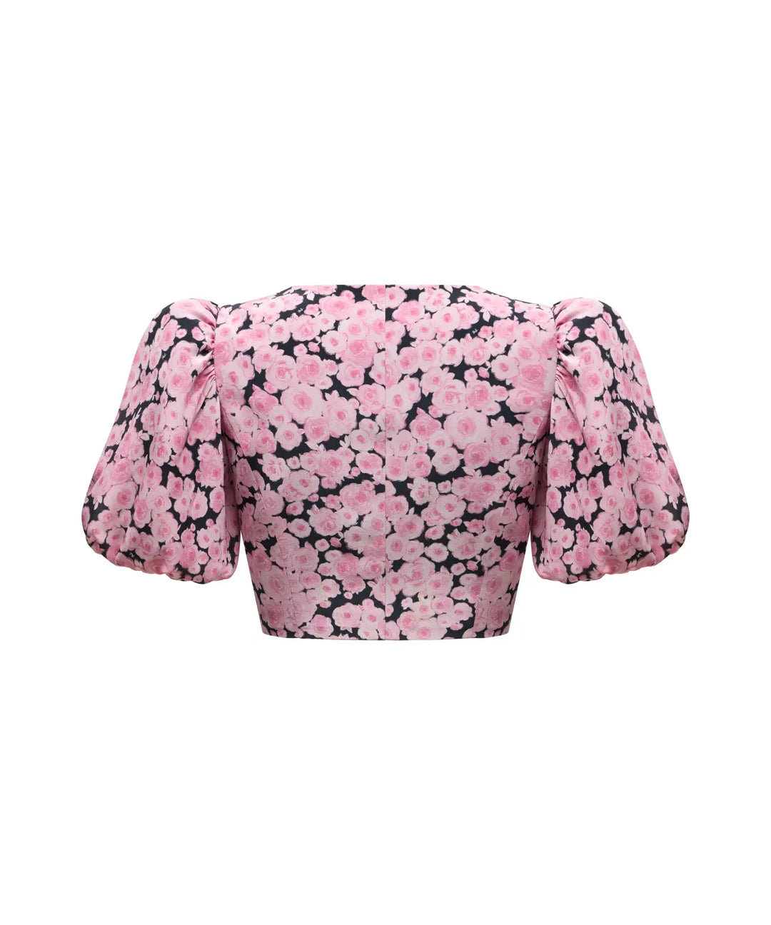 CHANELLE, CROPPED JACKET WITH PUFF SLEEVES, BLACK WITH MEDIUM PINK FLOWERS