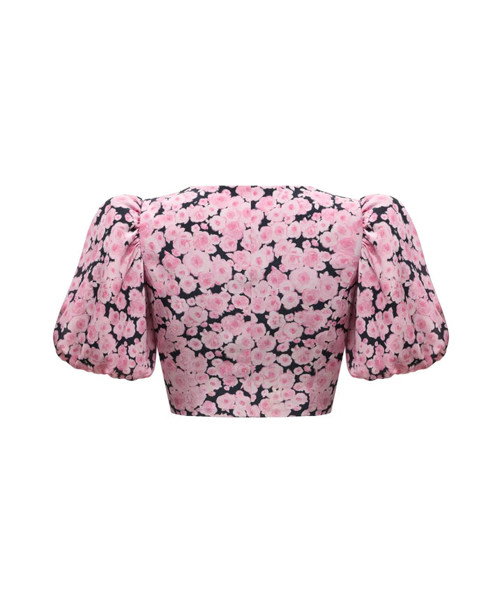 CHANELLE, CROPPED JACKET WITH PUFF SLEEVES, BLACK WITH MEDIUM PINK FLOWERS