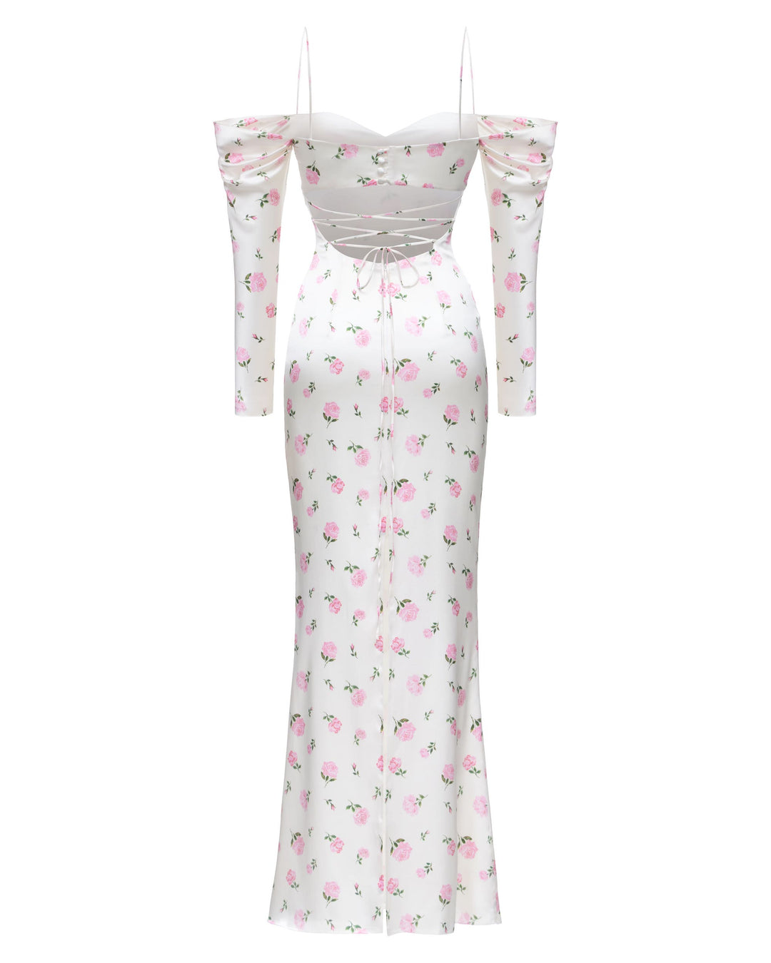 MARLEN, MAXI DRESS MILKY WITH PINK ROSE PRINT