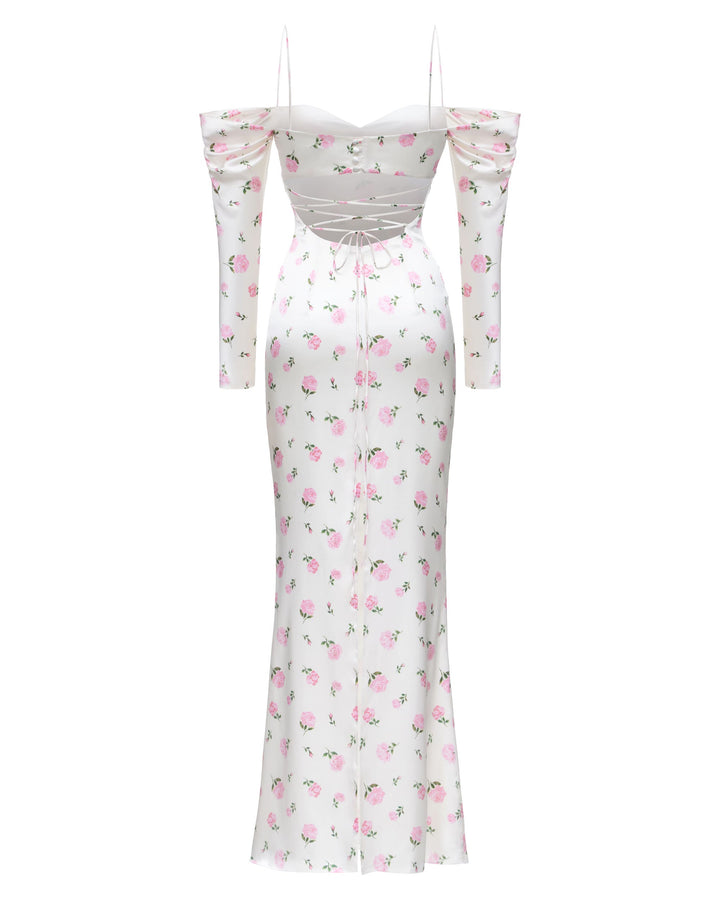 MARLEN, MAXI DRESS MILKY WITH PINK ROSE PRINT