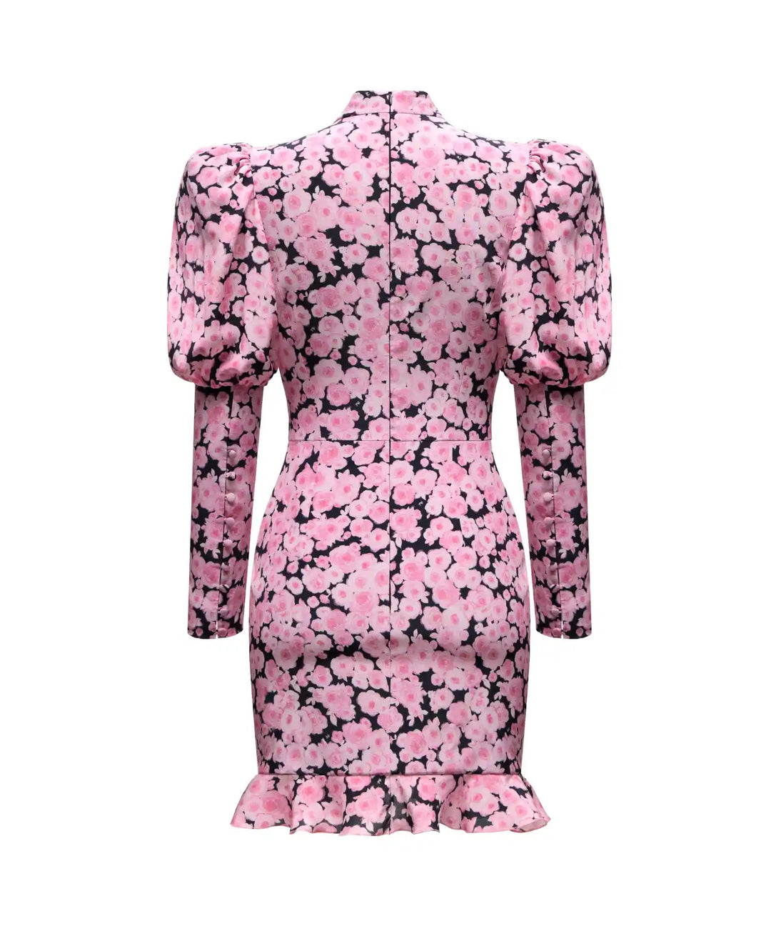 GIANNETTA MINI, BLACK CREPE DE CHINE MINI DRESS WITH MEDIUM PINK FLOWERS