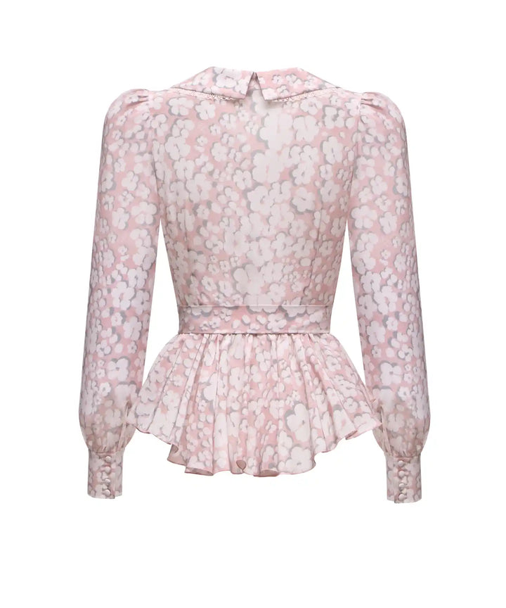 ROSETTA, PINK CREPE DE CHINE BLOUSE WITH MEDIUM MILKY FLOWERS