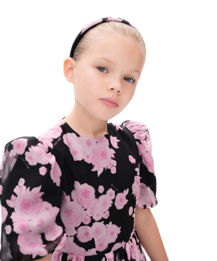 Noemi, children's headband black chiffon with pink flowers