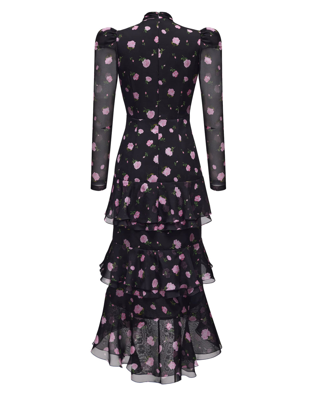 BEATRICE, MIDI DRESS BLACK WITH PINK ROSE PRINT