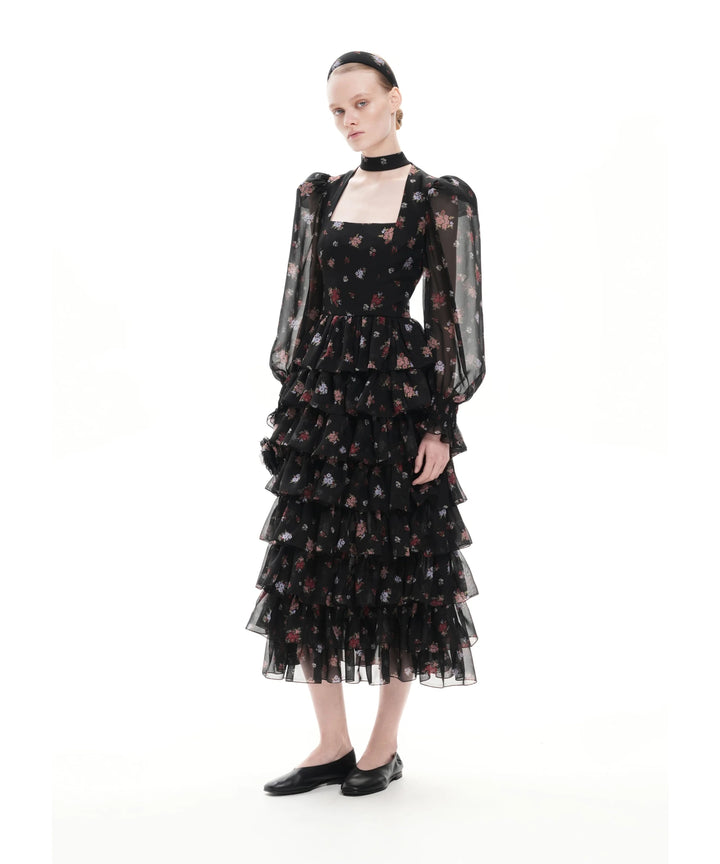 VALERIE MIDI, BLACK CHIFFON MIDI DRESS WITH SMALL MULTICOLOR FLOWERS