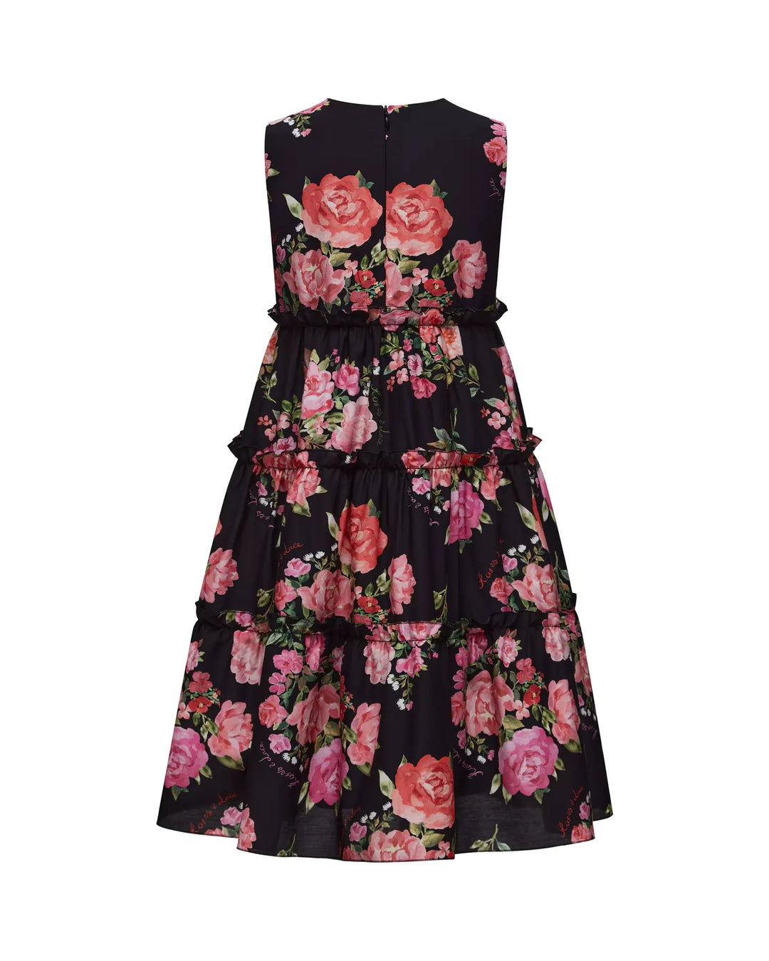 ALISA, A CHILDREN'S DRESS IN BLACK ADORNED WITH MEDIUM-SIZED PINK FLOWERS.