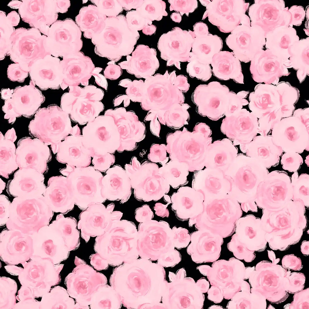 Luana, black crepe de chine ribbon with medium pink flowers