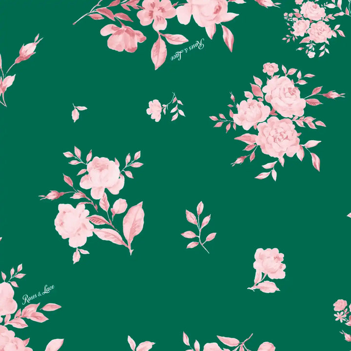 Lora, green crepe de chine choker with medium light pink flowers