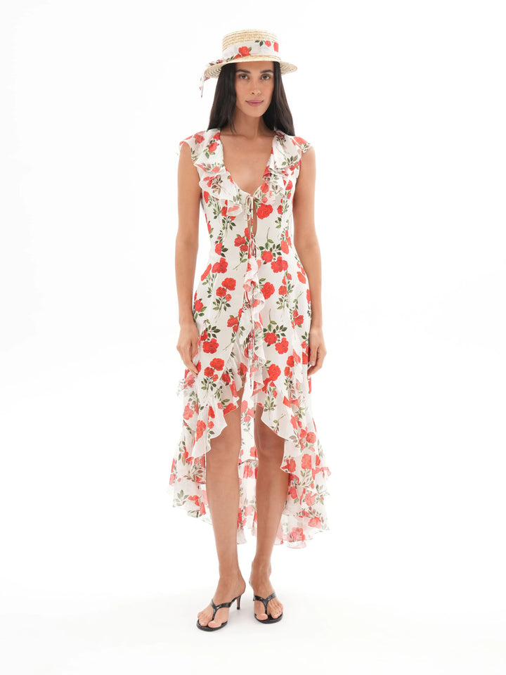 ANNA, A SILK BEACH MIDI DRESS WITH RUFFLES, IN CREAMY WHITE ADORNED WITH DELICATE RED FLOWERS