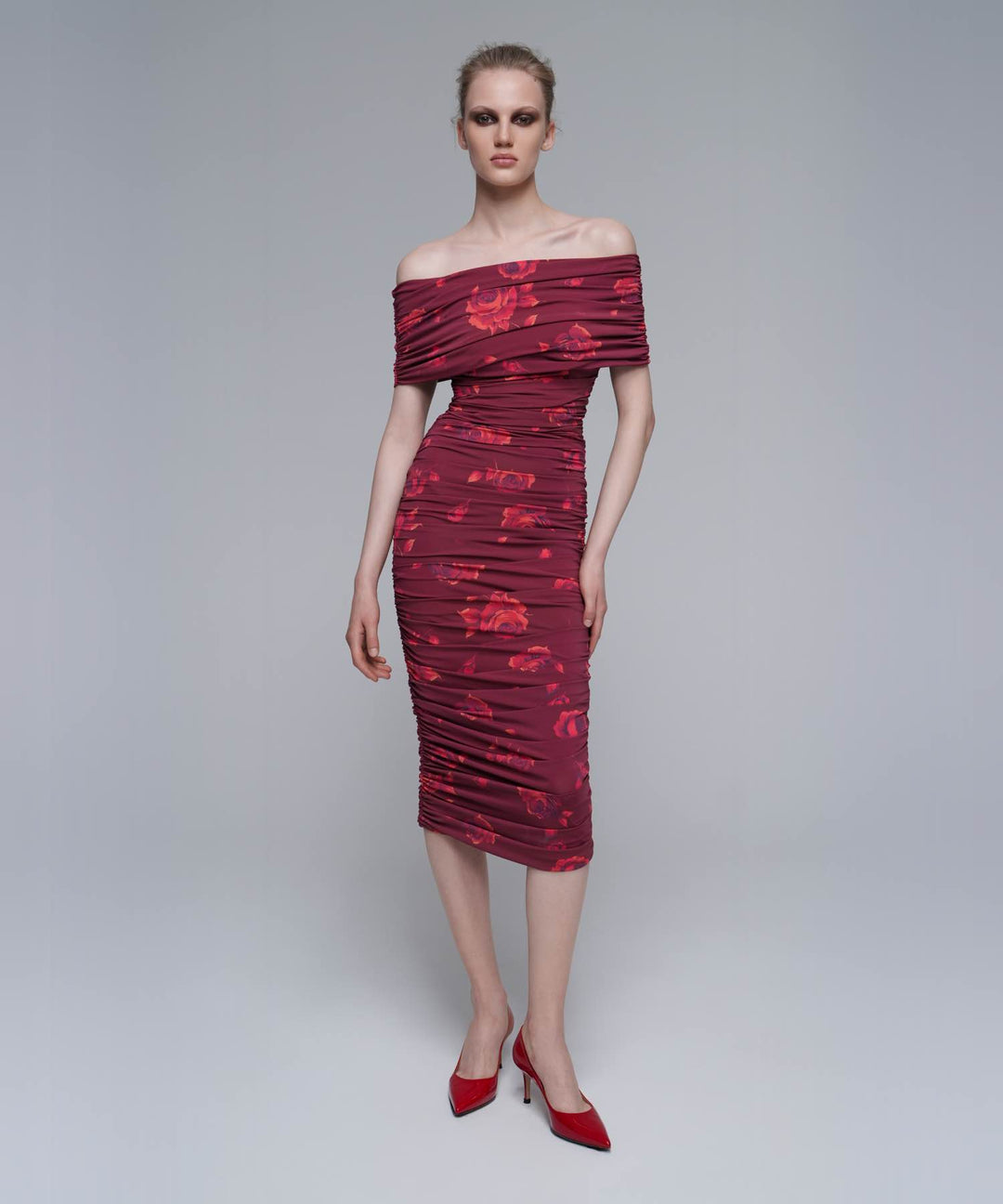 IREN, MIDI DRESS MADE OF BURGUNDY BIFLEX WITH LARGE RED FLOWERS