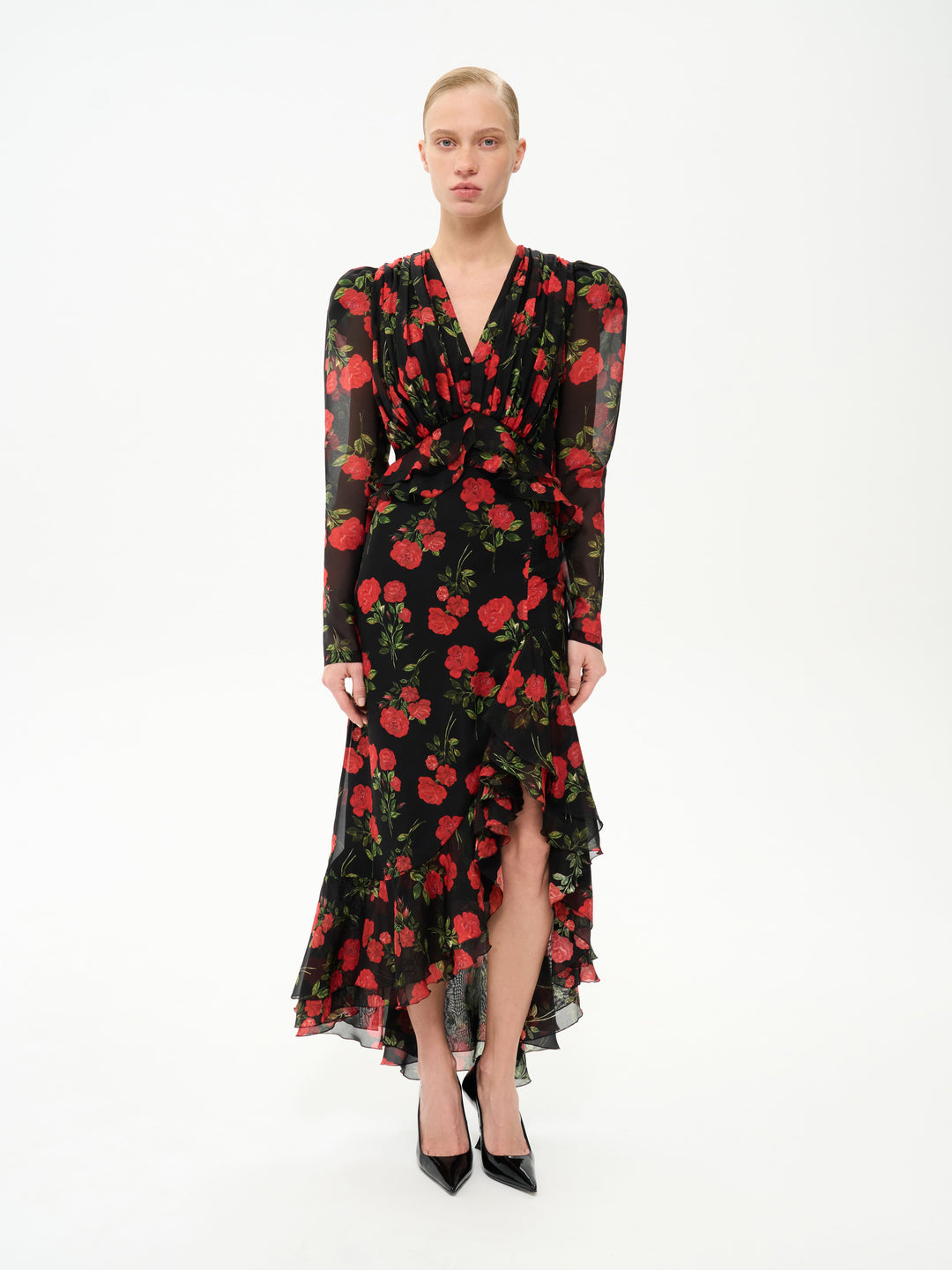 CARMEN, MIDI SKIRT BLACK WITH RED ROSE PRINT