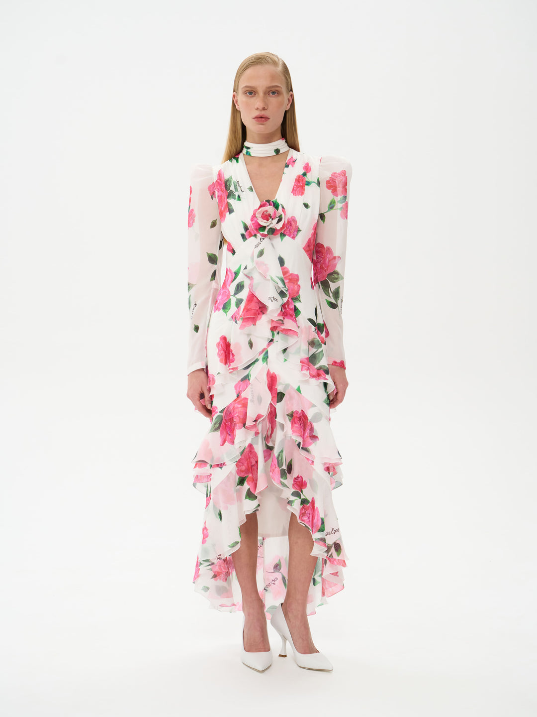 BEATRICE, MIDI DRESS MILKY WITH CRIMSON ROSE PRINT