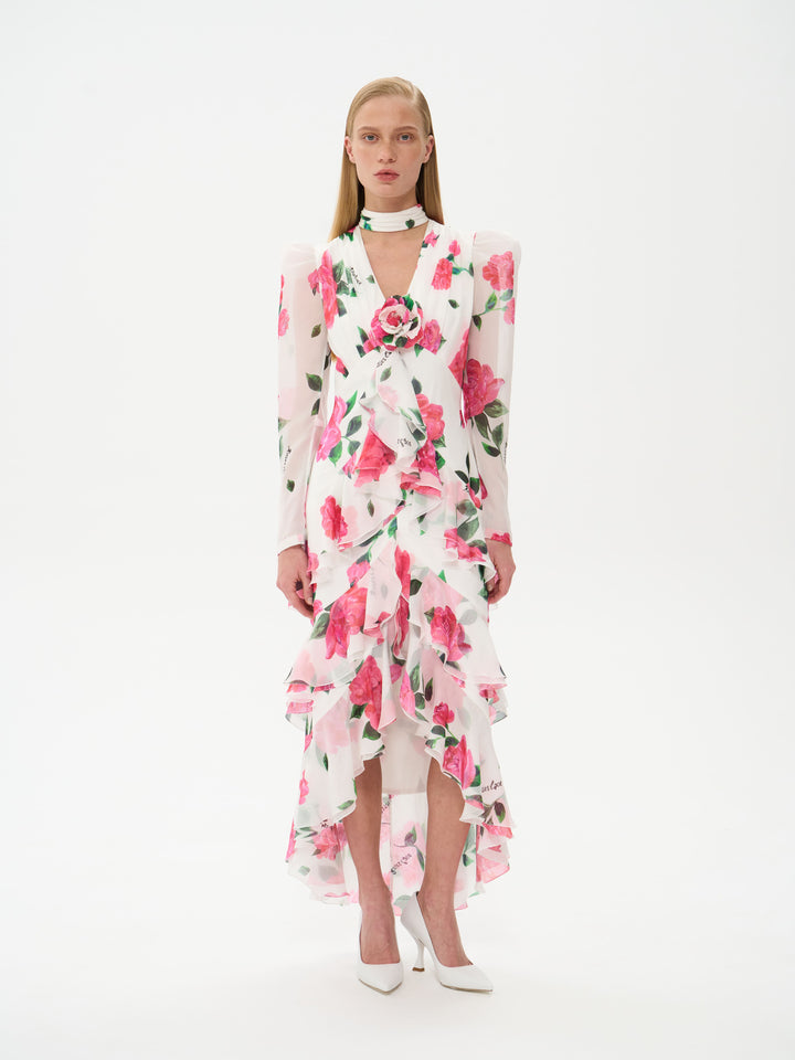 BEATRICE, MIDI DRESS MILKY WITH CRIMSON ROSE PRINT