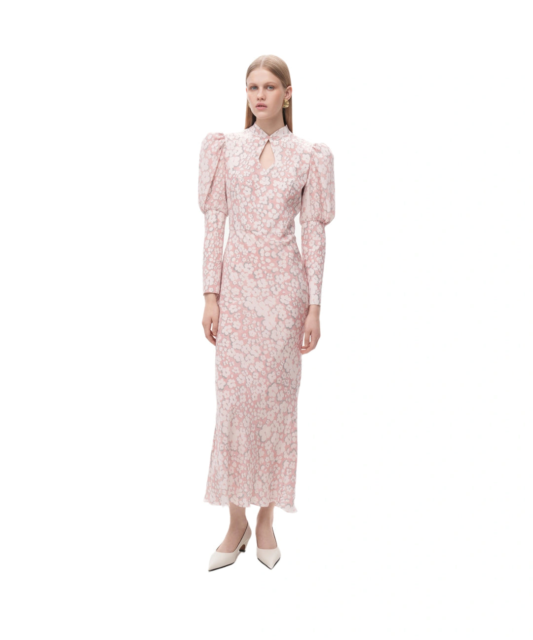 GIANNETTA, PINK CREPE DE CHINE MIDI DRESS WITH MEDIUM MILKY FLOWERS