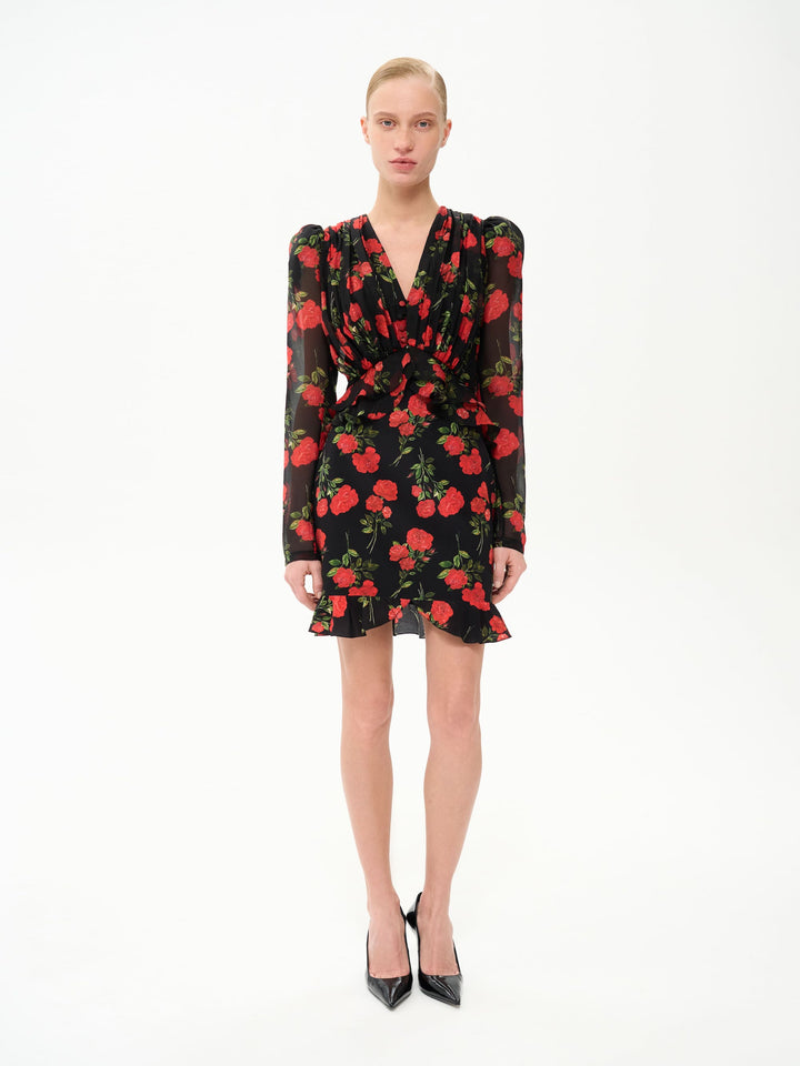 MONA, MINI SKIRT BLACK WITH RED ROSE PRINT