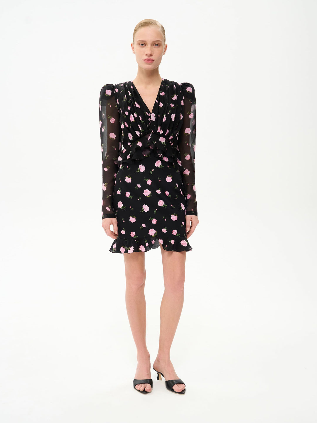 CAROLINA, BLOUSE BLACK WITH PINK ROSE PRINT