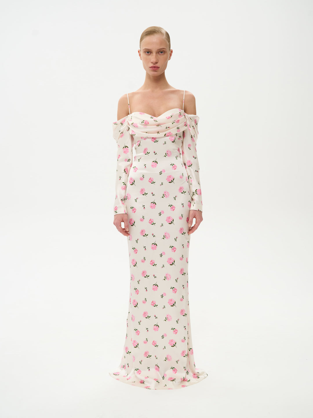 MARLEN, MAXI DRESS MILKY WITH PINK ROSE PRINT