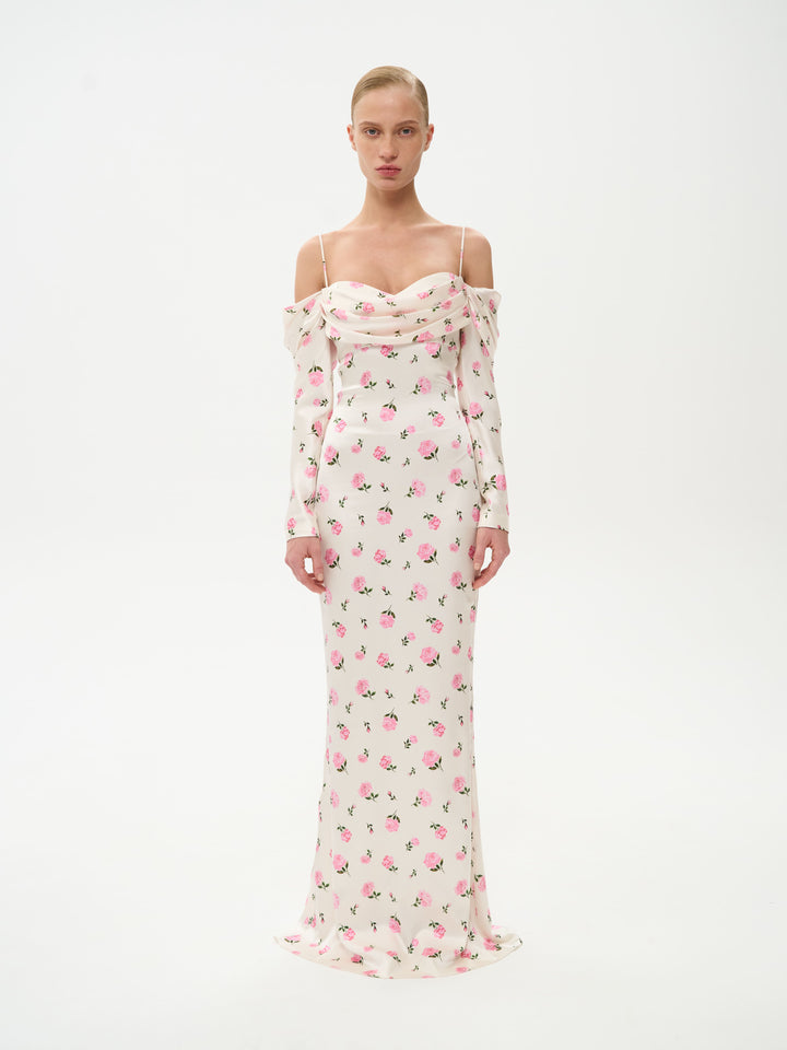 MARLEN, MAXI DRESS MILKY WITH PINK ROSE PRINT