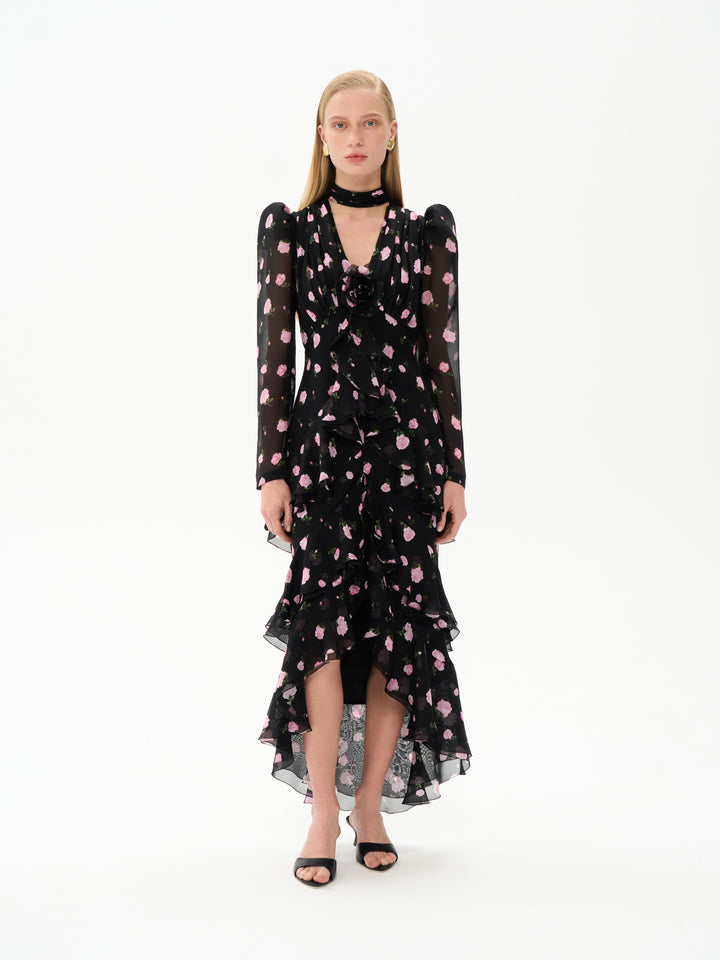 BEATRICE, MIDI DRESS BLACK WITH PINK ROSE PRINT