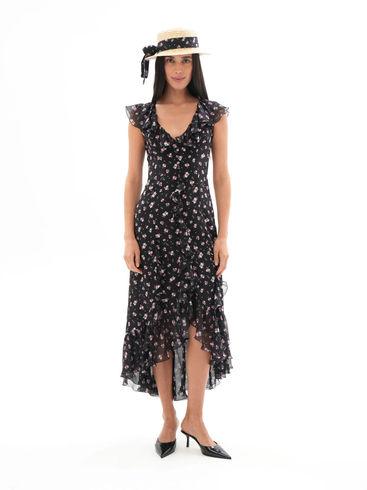 ANNETE, A SLEEVELESS MIDI DRESS WITH RUFFLES, IN BLACK ADORNED WITH DELICATE RASPBERRY FLOWERS