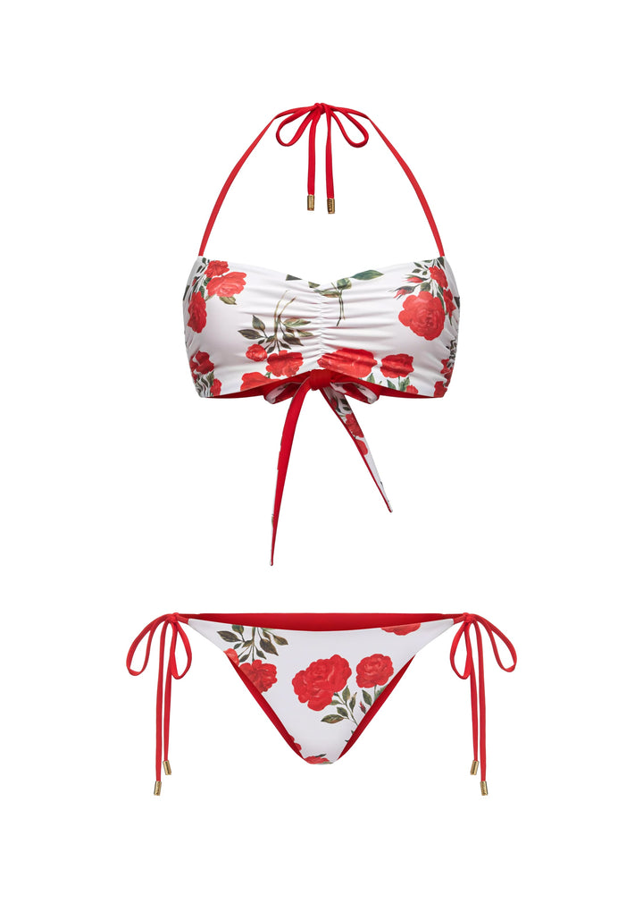 ROSEMARY, REVERSIBLE SWIMSUIT: BANDEAU TOP WITH A ROSE AND TIE-SIDE BIKINI BOTTOMS, MILKY WHITE WITH MEDIUM RED FLOWERS / RED