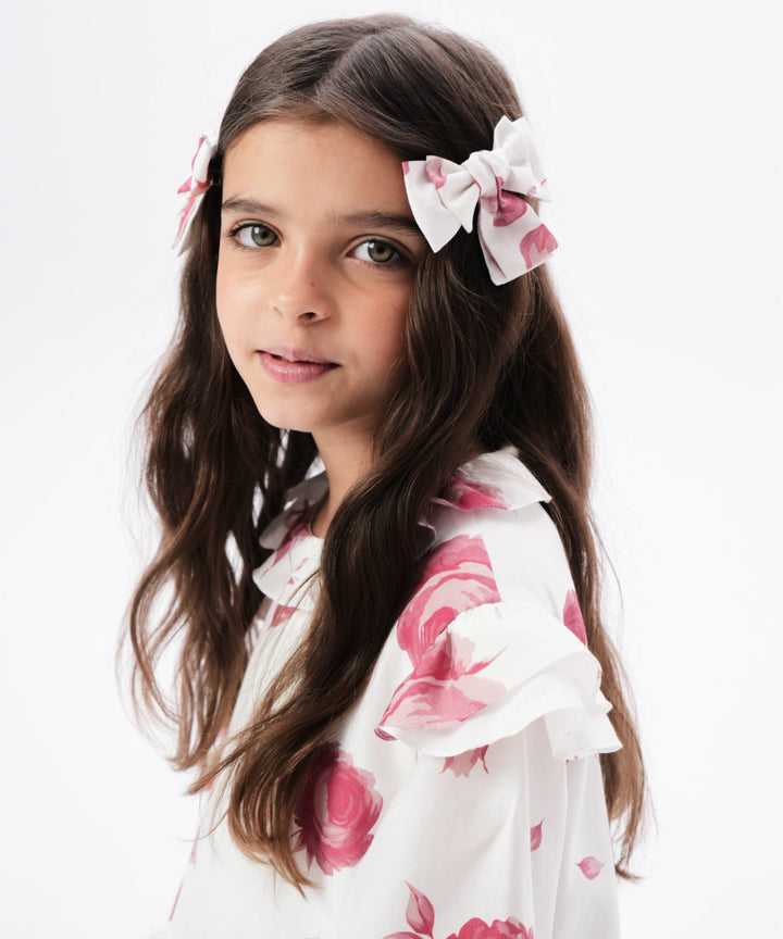 MIMI, CHILDREN'S HAIR BOWS MADE OF IVORY CHIFFON WITH LIGHT PINK FLOWERS