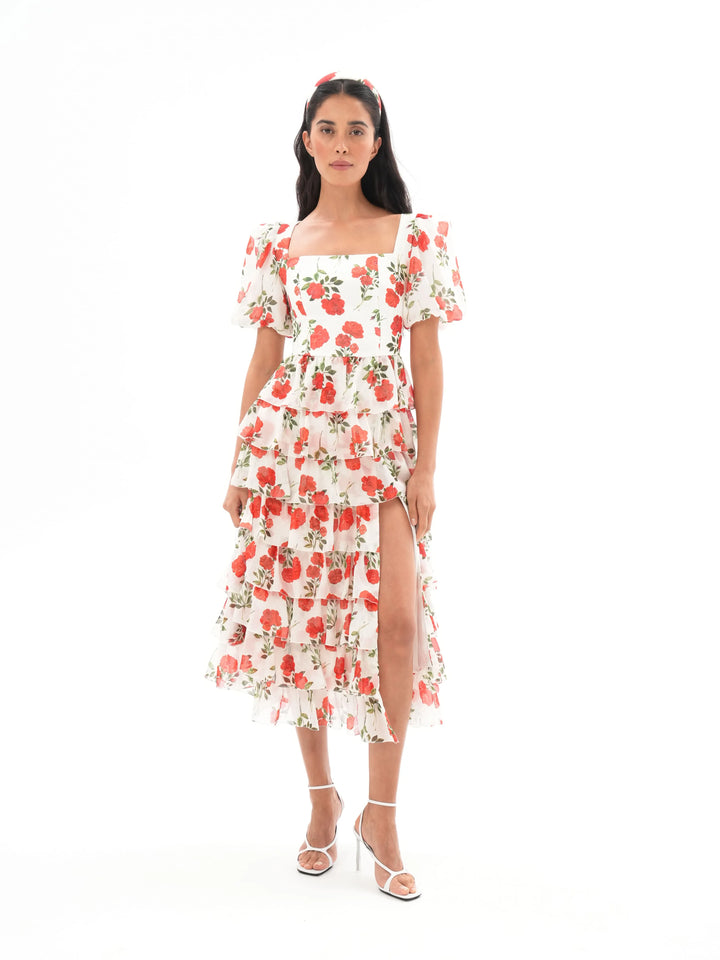 SUSANNA, SILK MAXI DRESS WITH FEATURING SCALLOPED TIERS FLORAL PRINT DRESS