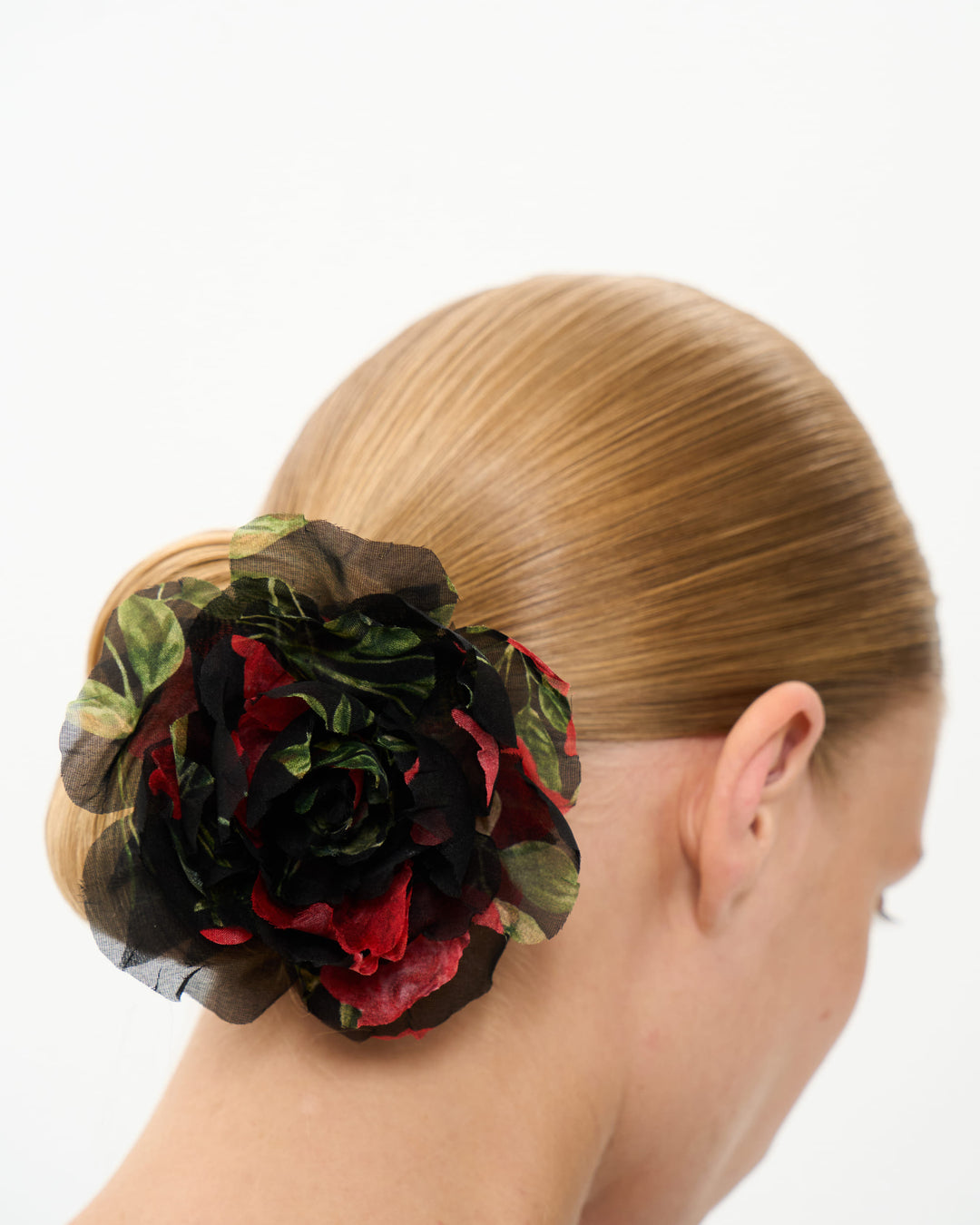 FLORA, FLOWER BROOCH BLACK WITH RED ROSE PRINT