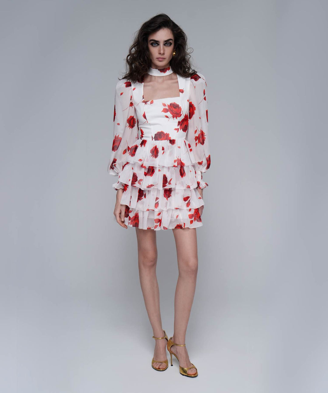 VALERIE MINI, MINI DRESS MADE OF IVORY CHIFFON WITH RED FLOWERS