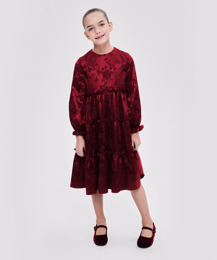 ALISA, CHILDREN'S DRESS MADE OF RED JACQUARD WITH FLOWERS