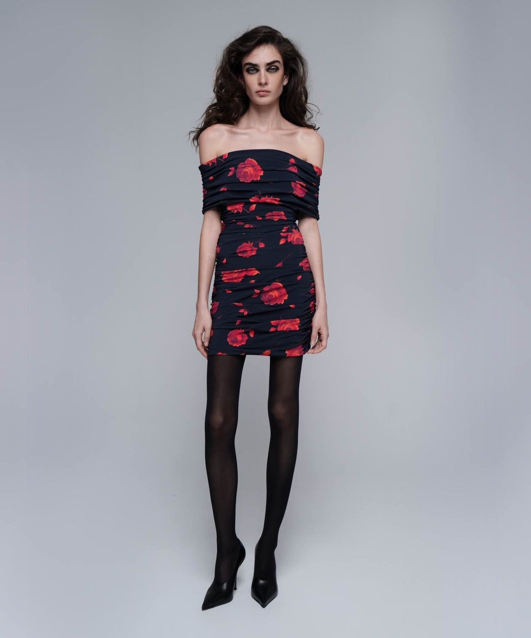 IREN MINI, MINI DRESS MADE OF BLACK BIFLEX WITH RED FLOWERS