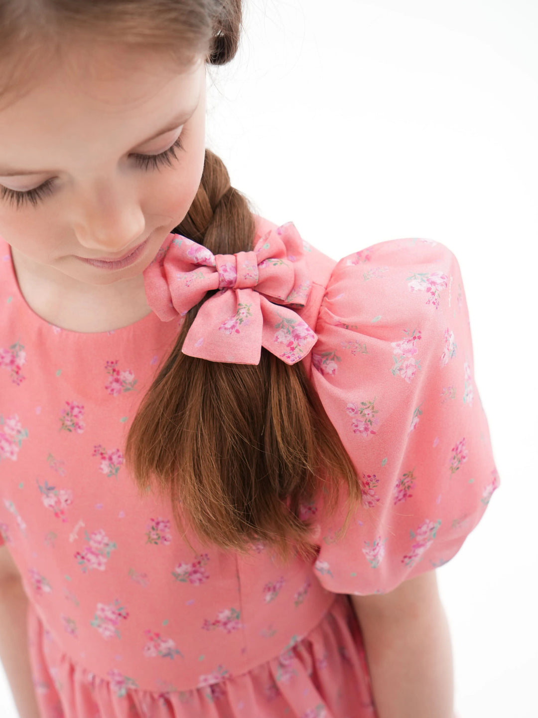 MIMI, CHILDREN'S BOW HAIR CLIPS BABY PINK WITH SMALL LILAC FLOWERS