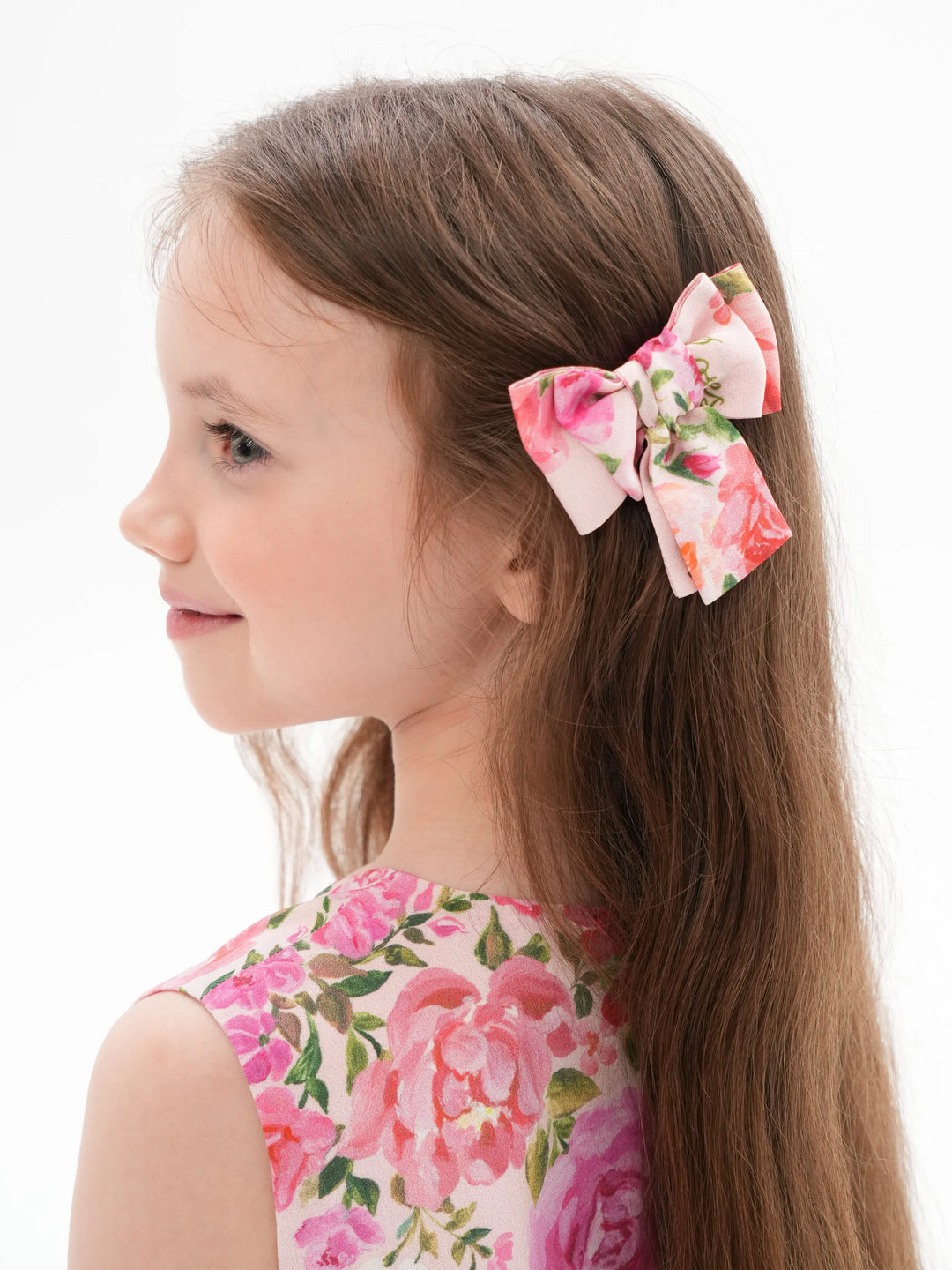 MIMI, CHILDREN'S BOW HAIR CLIPS BABY PINK WITH MEDIUM PINK FLOWERS