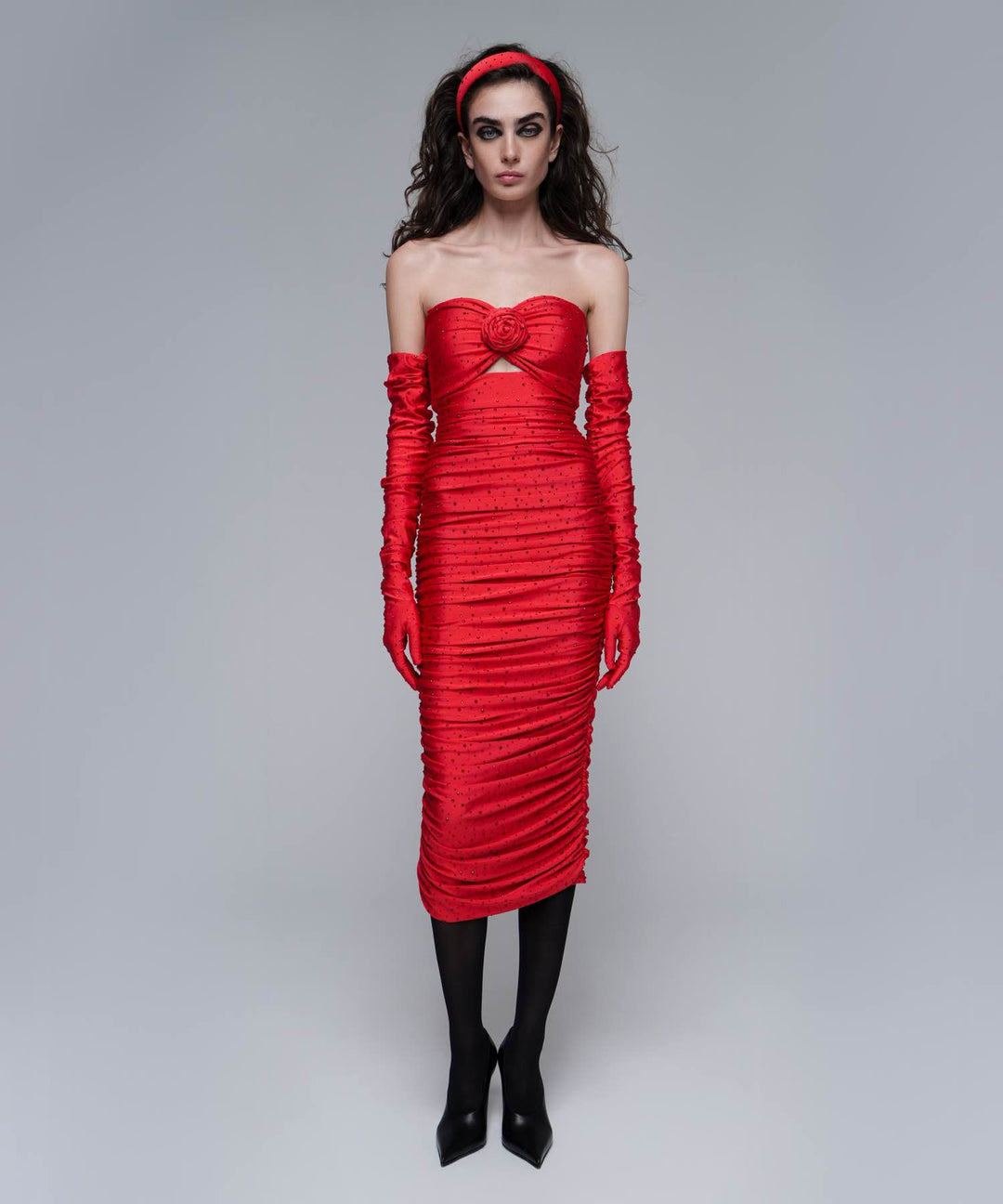 NICOLE, MIDI DRESS MADE OF RED BIFLEX WITH RHINESTONES AND A ROSE