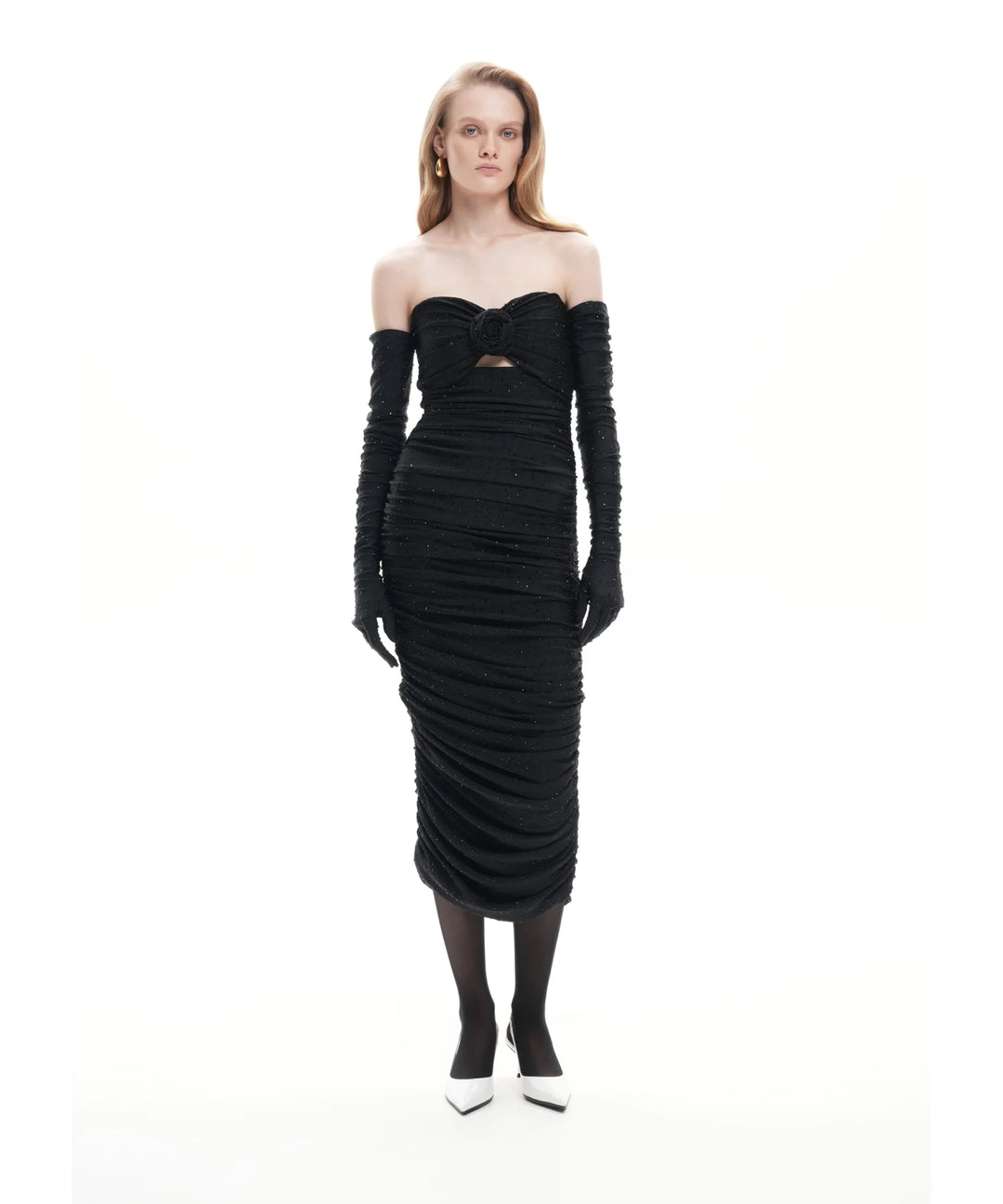 NICOLE, BLACK BIFLEX MIDI DRESS WITH RHINESTONES AND ROSE