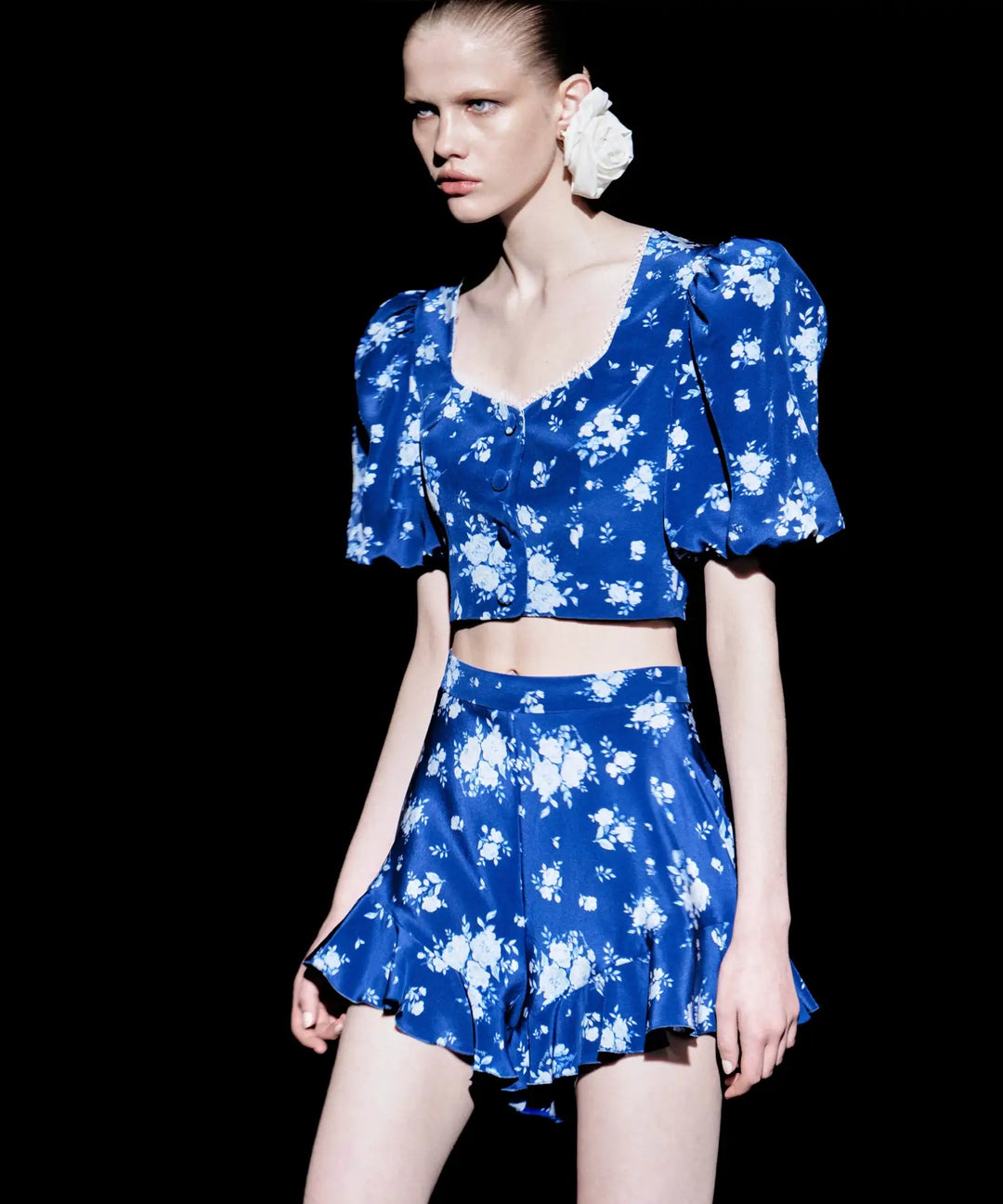 Chanelle, cropped jacket with puff sleeves, blue with medium blue flowers