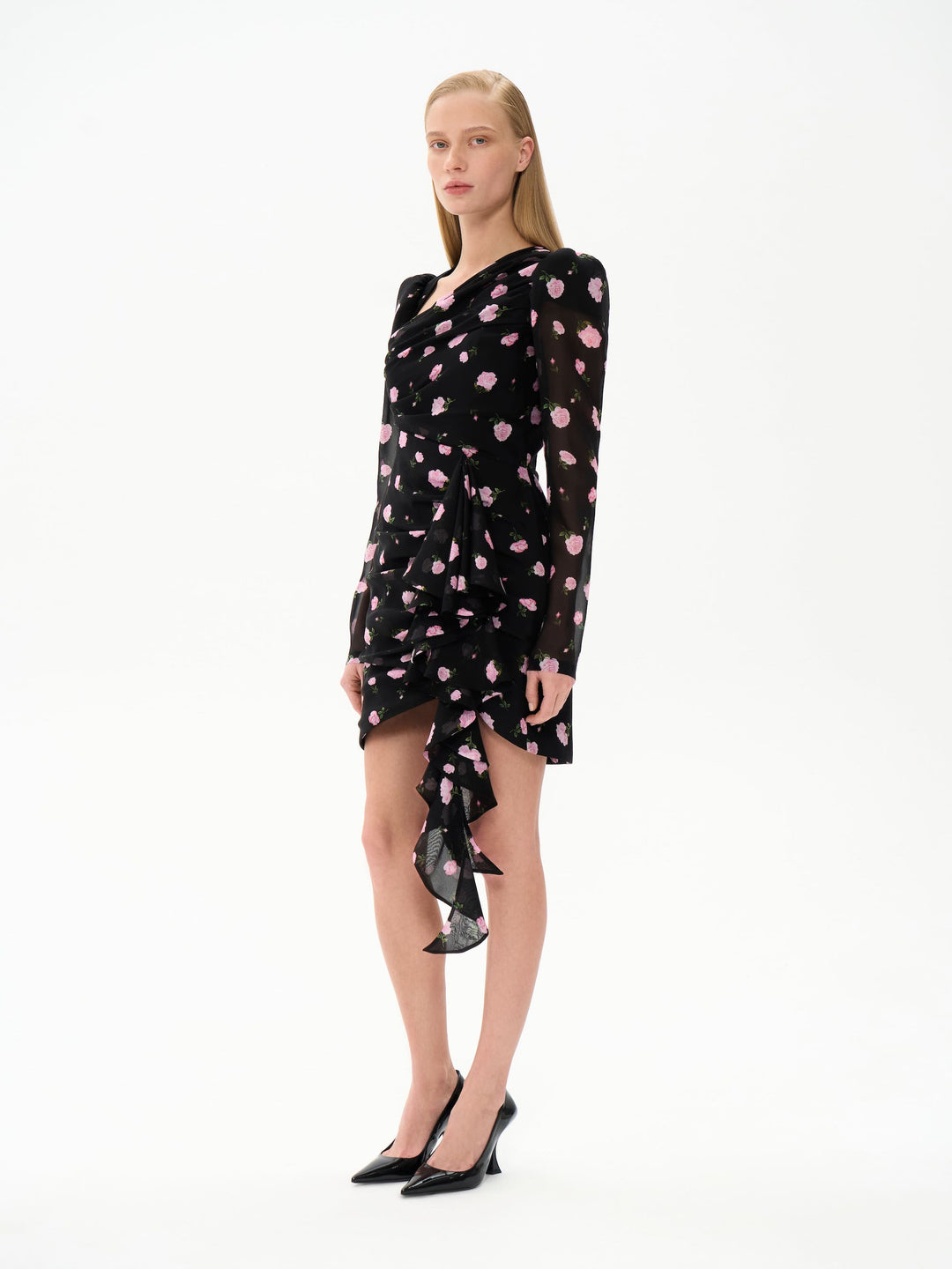 MILIANA, MINI DRESS BLACK WITH PINK ROSE PRINT