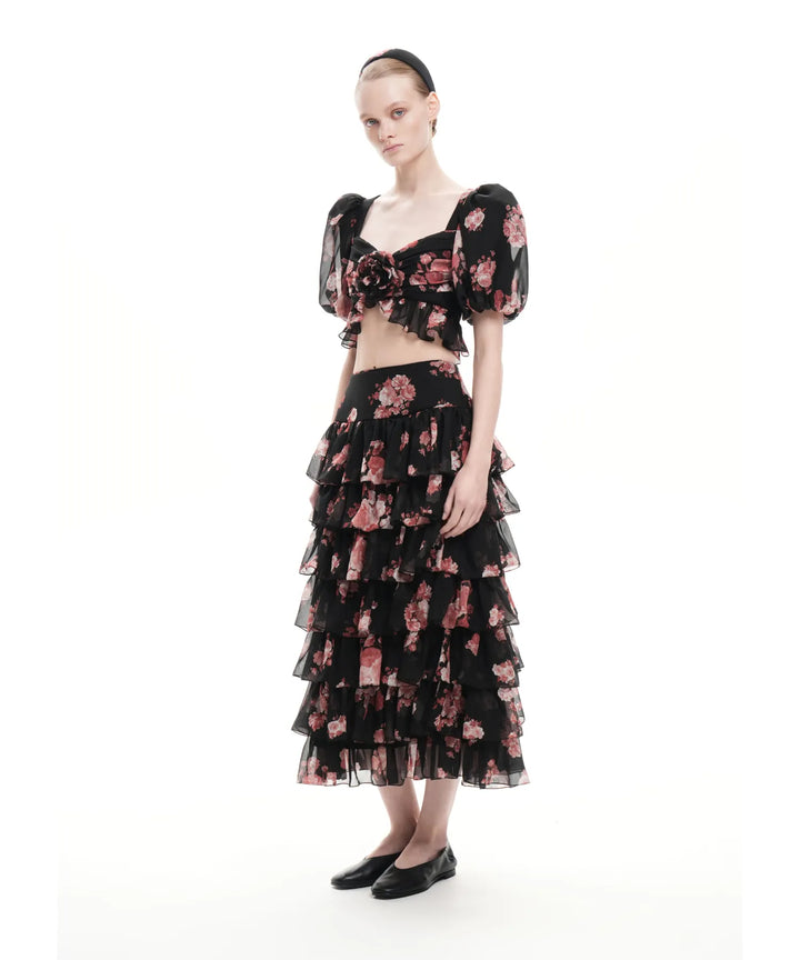 MELISA, BLACK CHIFFON CROP TOP WITH LARGE BURGUNDY FLOWERS