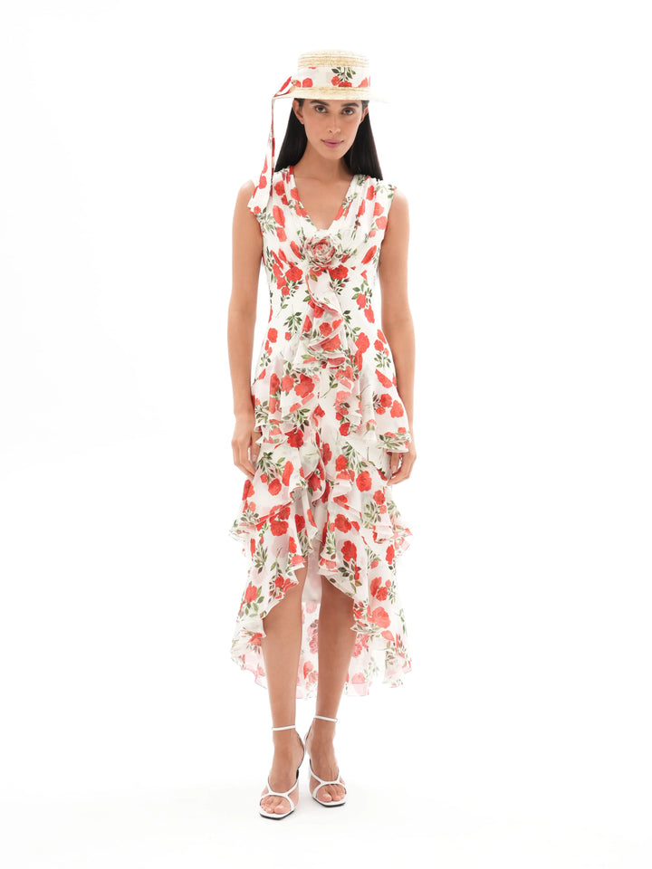 BEATA, A MIDI DRESS IN A CREAMY MILK   WITH DELICATE CRIMSON BLOSSOMS