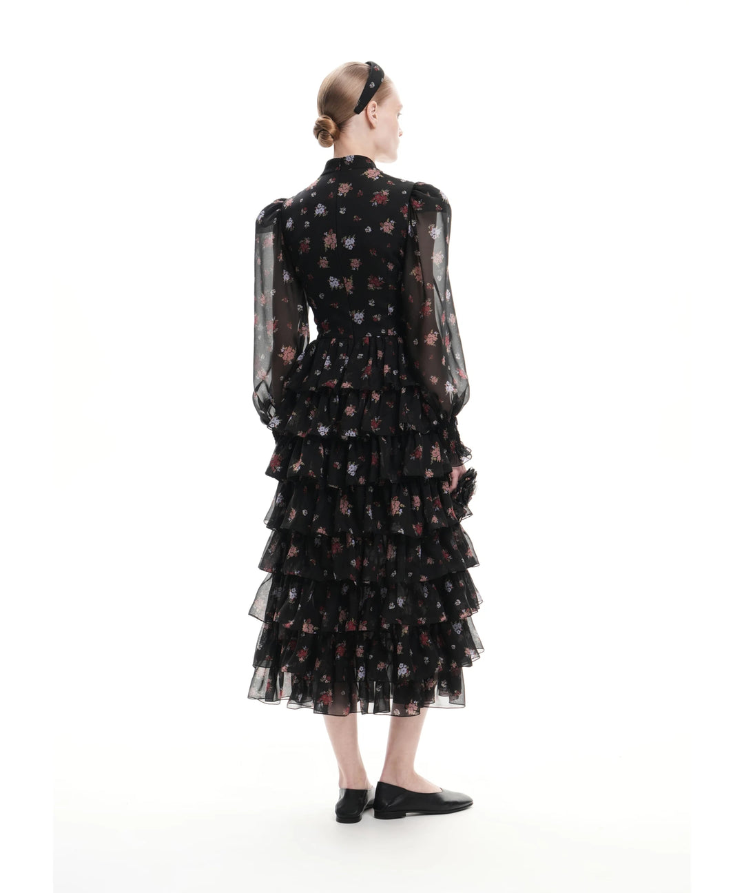 VALERIE MIDI, BLACK CHIFFON MIDI DRESS WITH SMALL MULTICOLOR FLOWERS