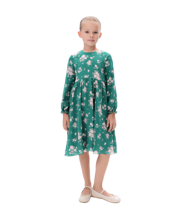 EVA, CHILDREN DRESS GREEN CREPE DE CHINE WITH MEDIUM LIGHT PINK FLOWERS