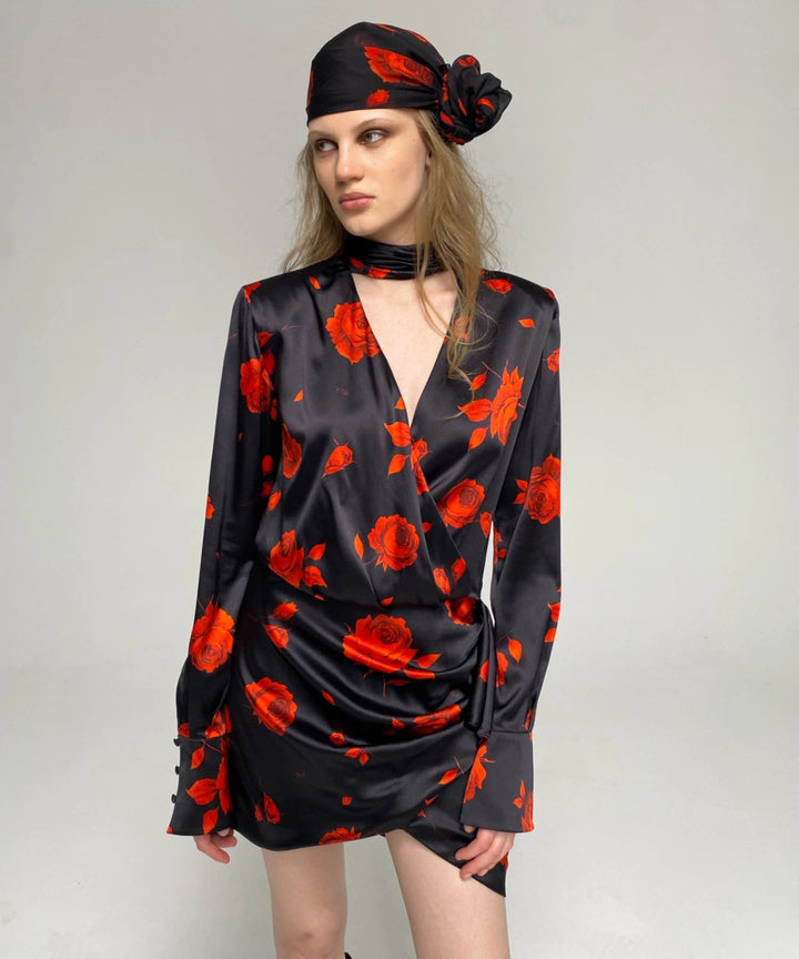 LEAH, MINI DRESS MADE OF BLACK SATIN WITH RED FLOWERS