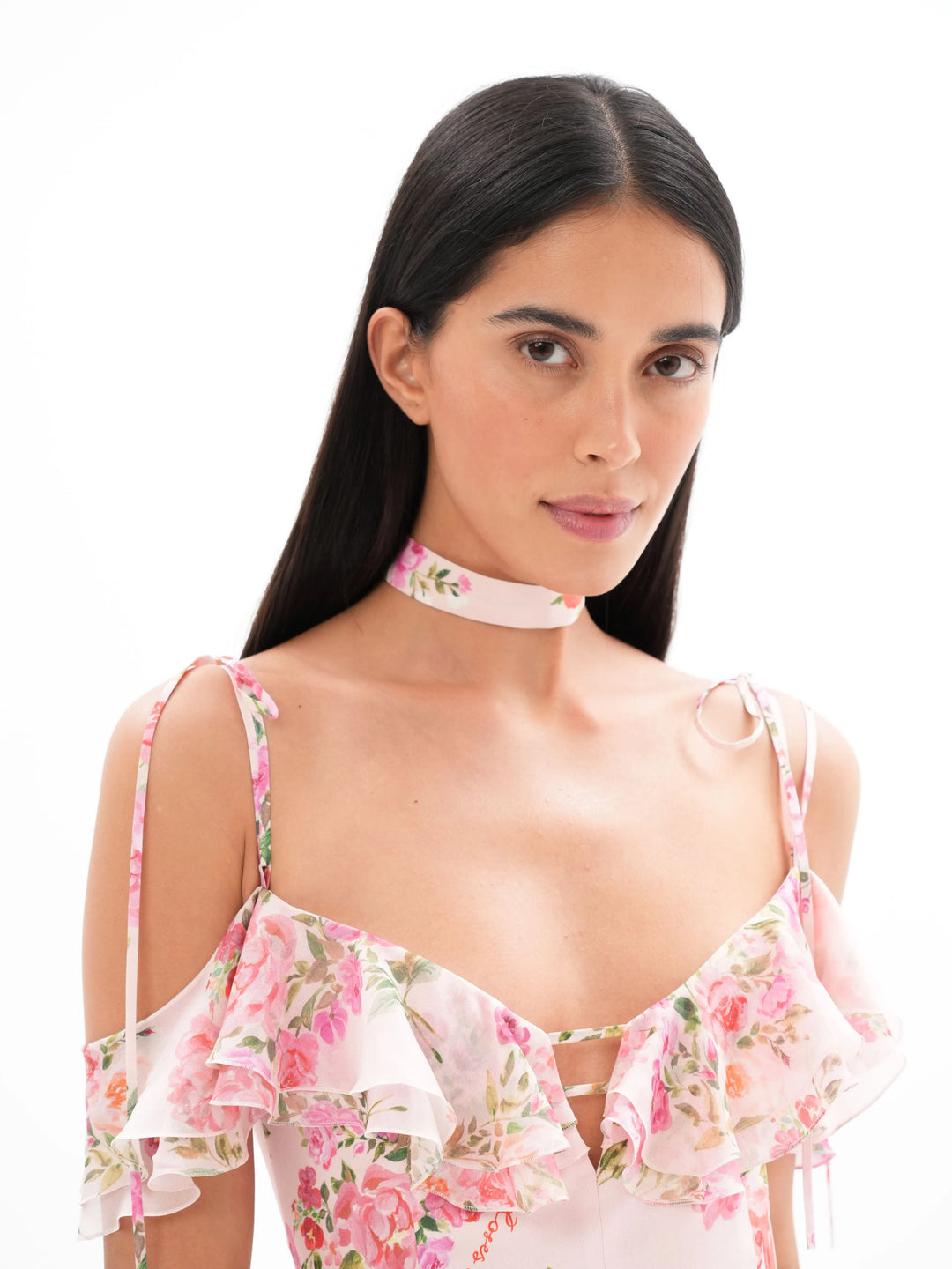 LORA, LIGHT PINK CHOKER WITH MEDIUM PINK FLOWERS