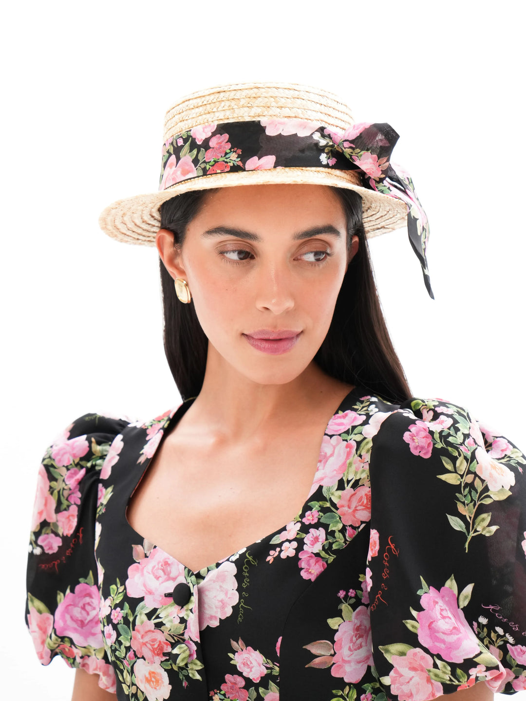 LUANA, BLACK RIBBON WITH MEDIUM PINK FLOWERS