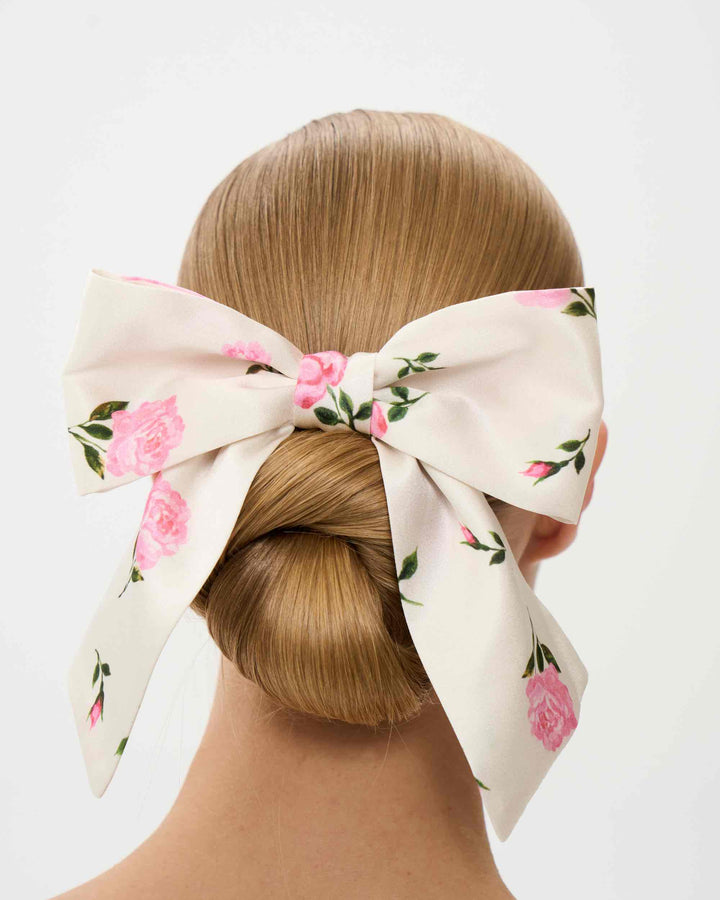 MIRELLA, BOW HAIR CLIP MILKY WITH PINK ROSE PRINT